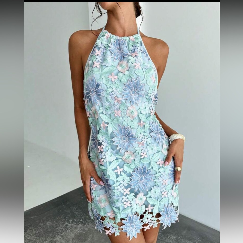Floral Lace Halter Dress - Blue and Pink